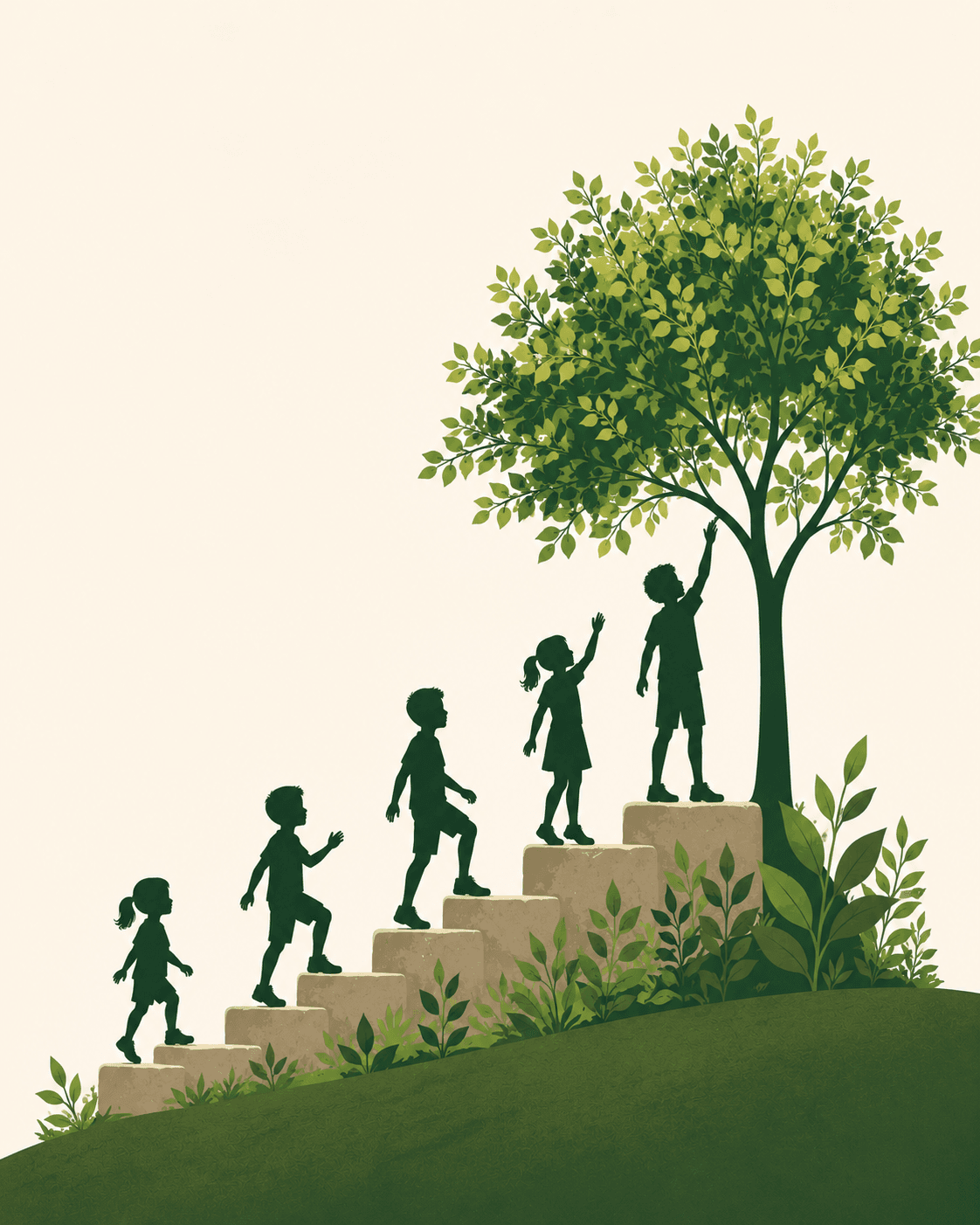 Illustration of children climbing steps toward a flourishing tree